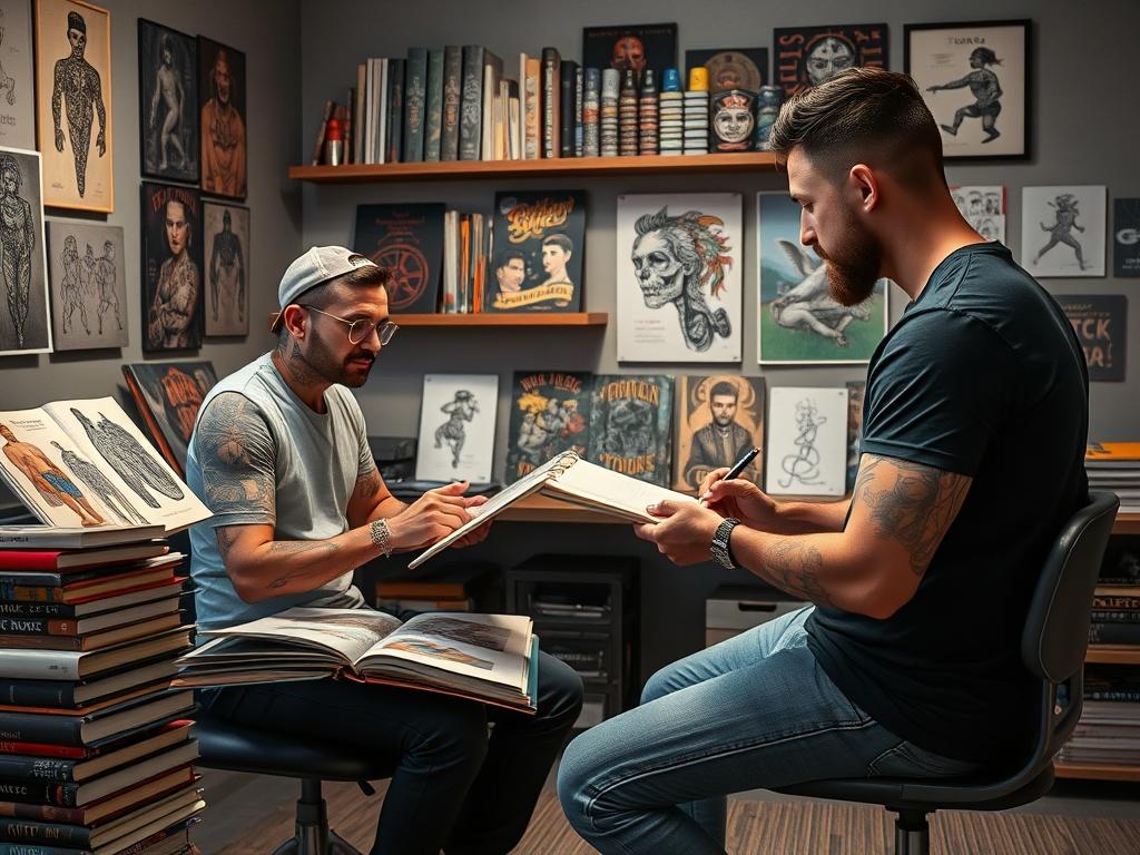 A tattoo artist in a modern studio engaging in a