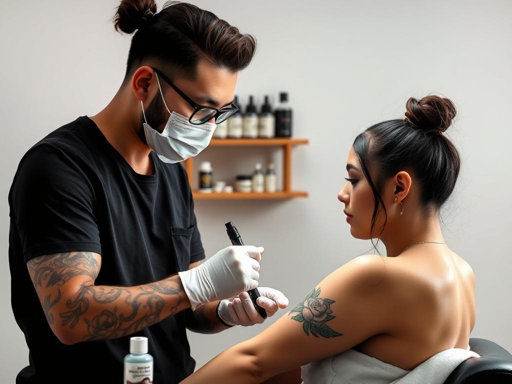 A tattoo artist demonstrating proper aftercare techniques to a client,