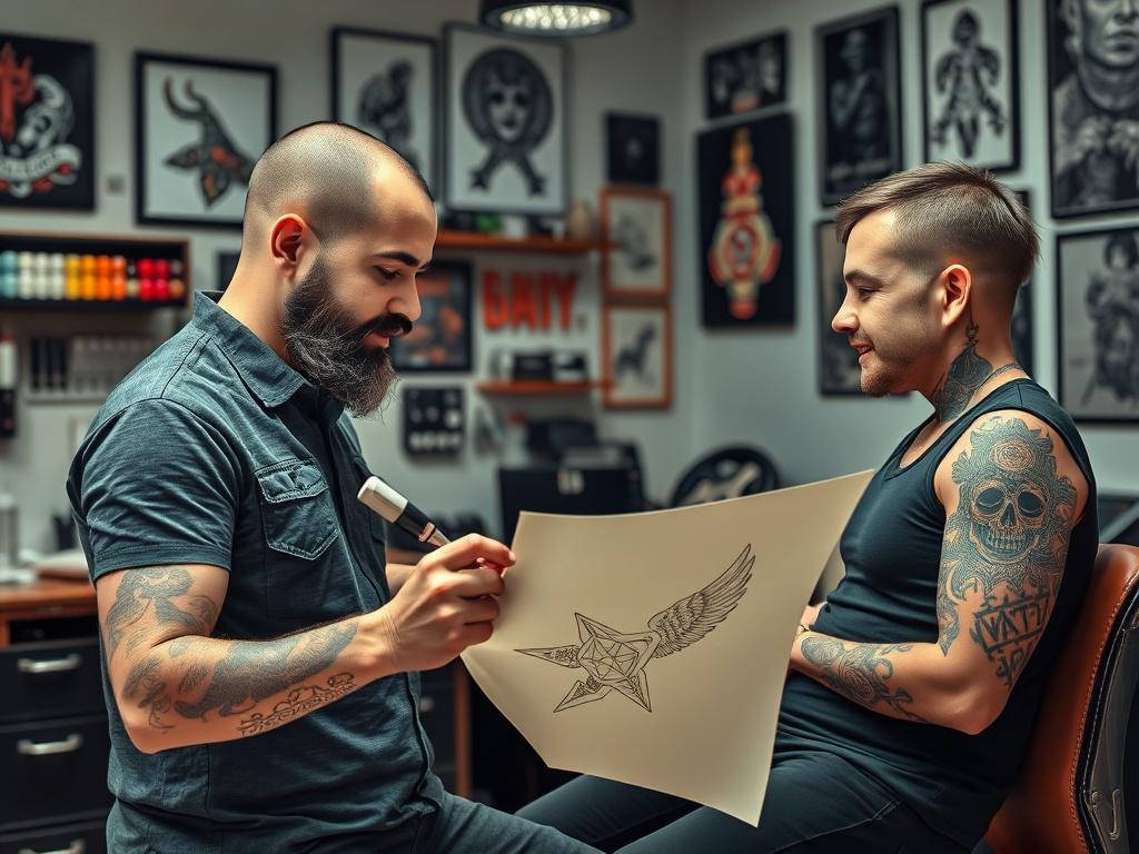 A tattoo artist discussing design ideas with a client in