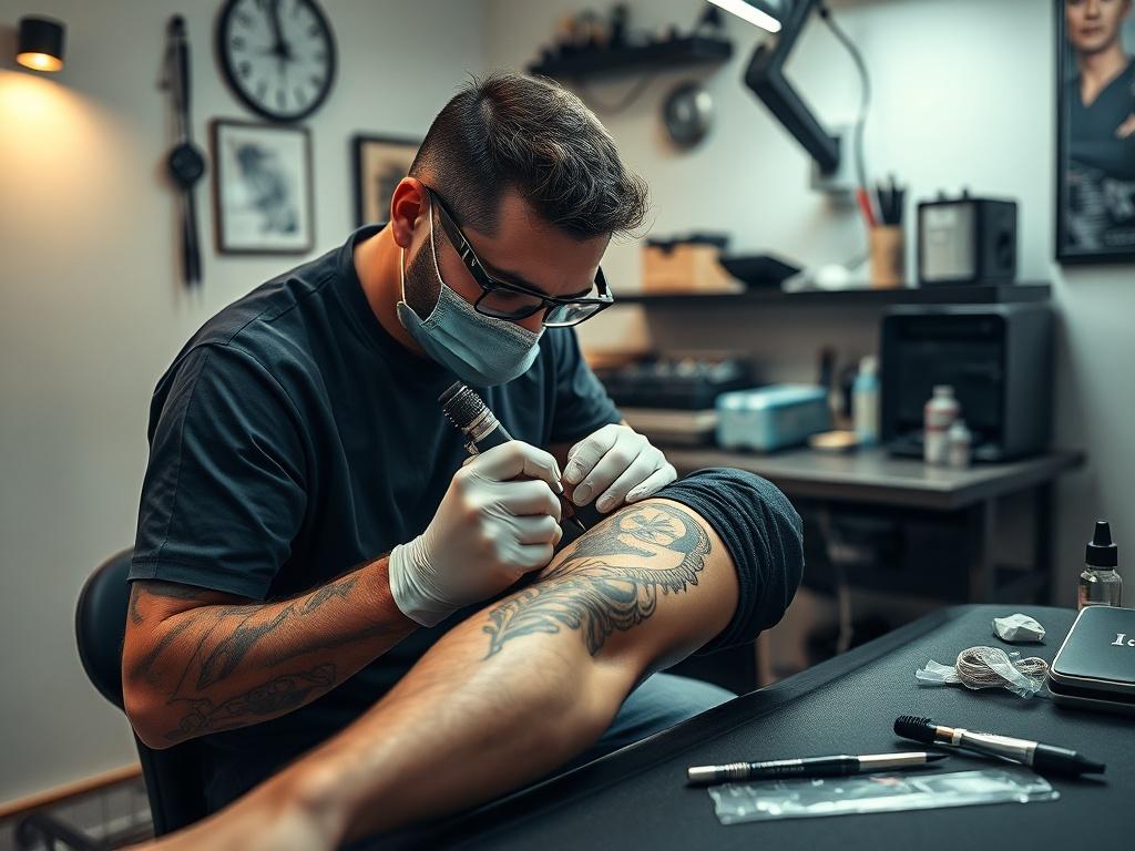 A tattoo artist skillfully inking a tattoo on a client's