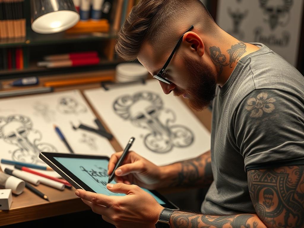 A tattoo artist focused on creating a design on a