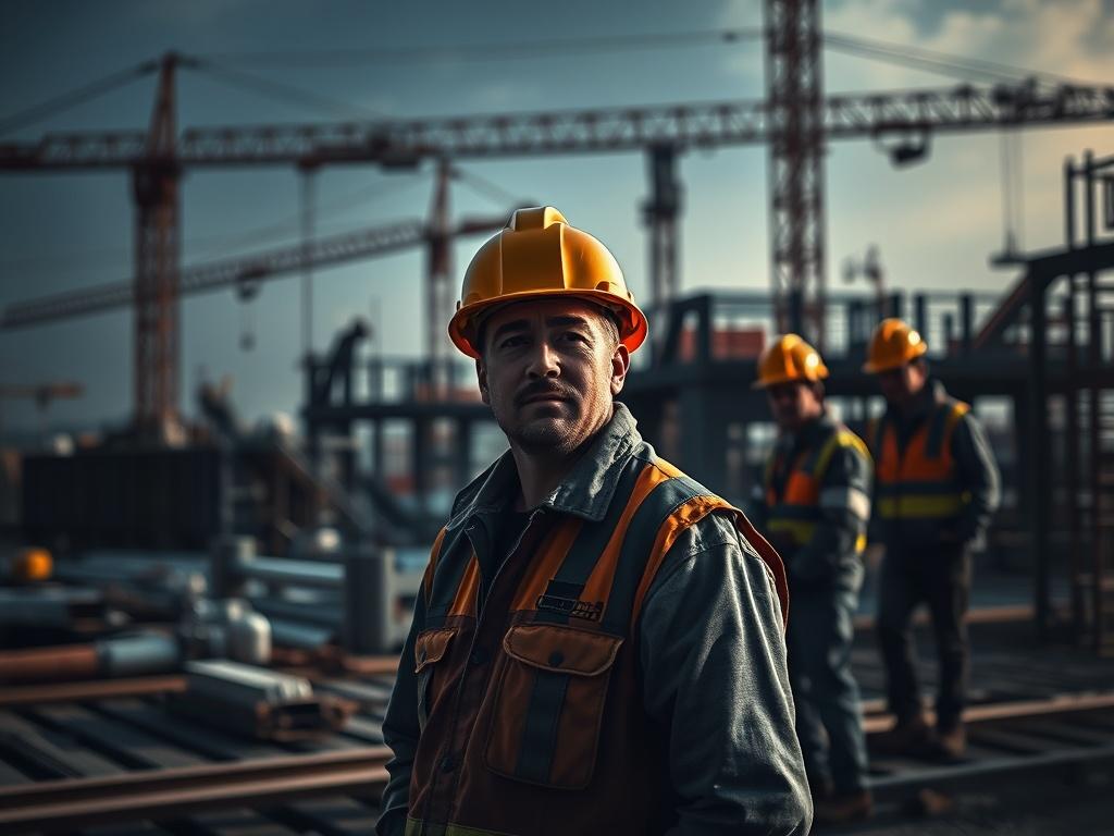 A high-resolution photo of a construction site showcasing skilled workers actively engaged in building a structure. The scene should capture the dynamic energy of construction, with one worker prominently positioned in the foreground, wearing a hard hat and safety gear, while in the background, cranes and building materials are visible. The lighting should be high-contrast with deep shadows, emphasizing the strength and professionalism of the team, and the overall color scheme should harmonize with rgb(2, 8