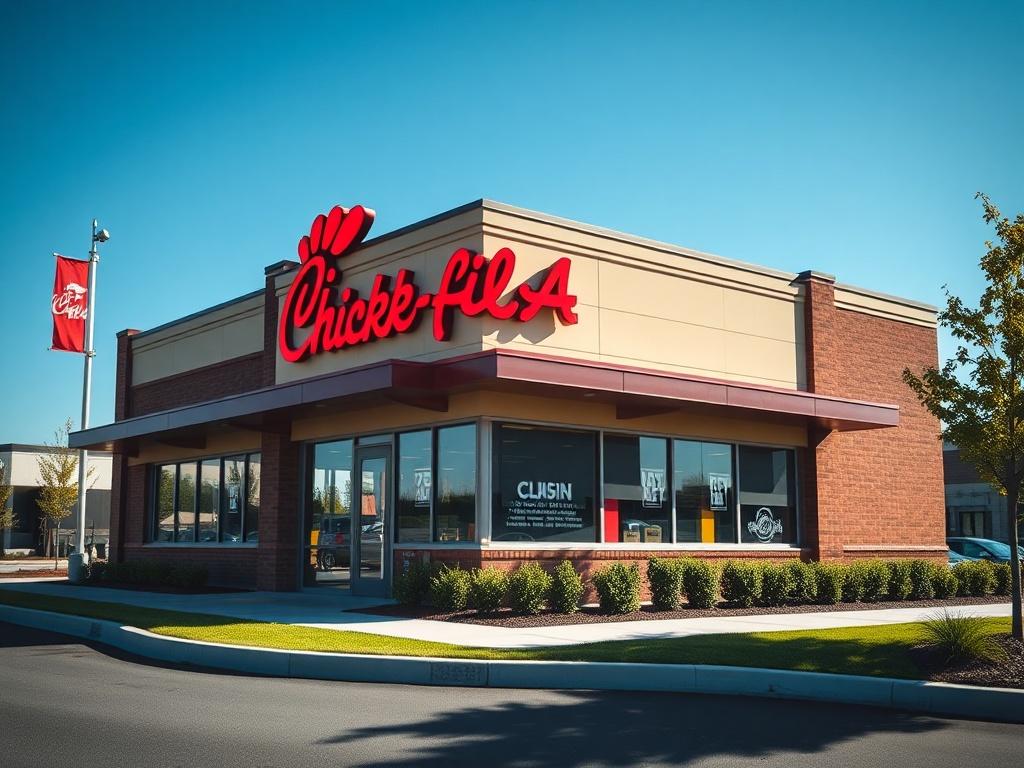 A newly constructed Chick-fil-A restaurant exterior, showcasing the modern architectural design with a welcoming entrance, bright signage, and lush landscaping, captured in bold sunlight against a clear blue sky.