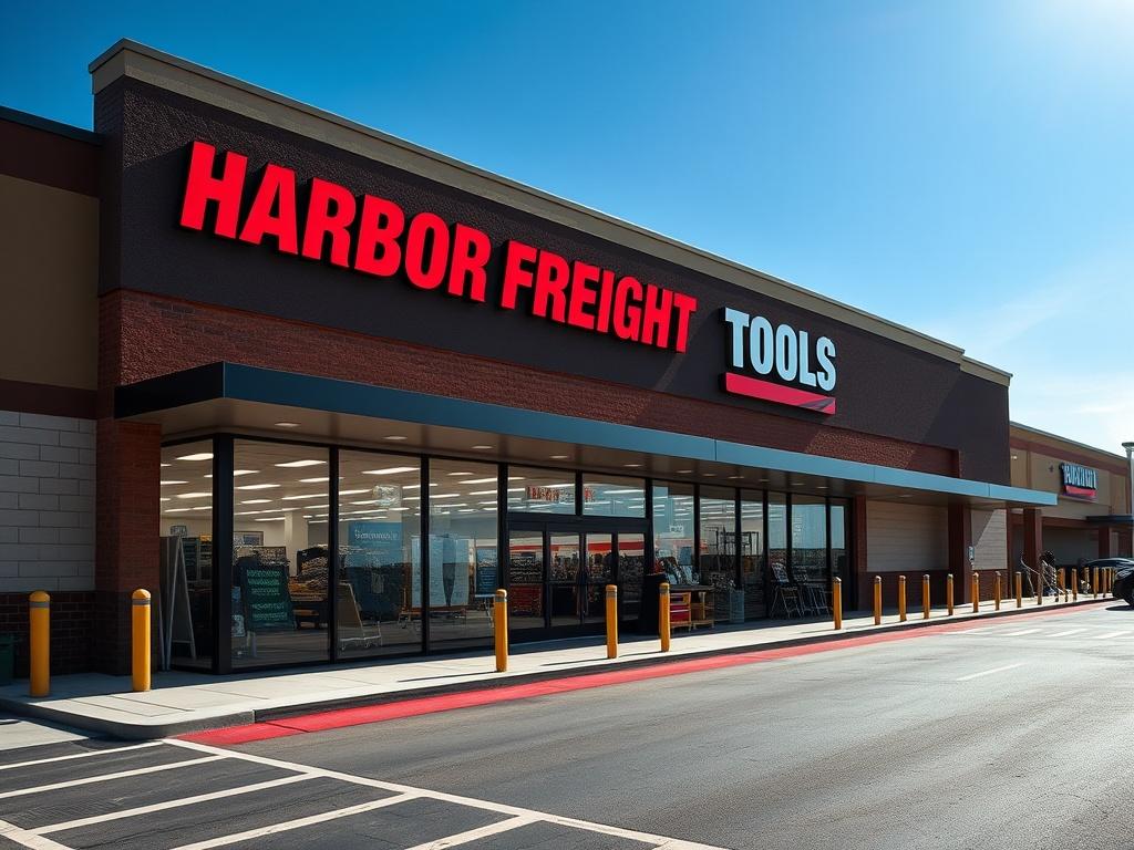 A sleek and modern Harbor Freight Tools retail store facade, showcasing large display windows, prominent signage, and an organized parking area, captured during a bright sunny day.