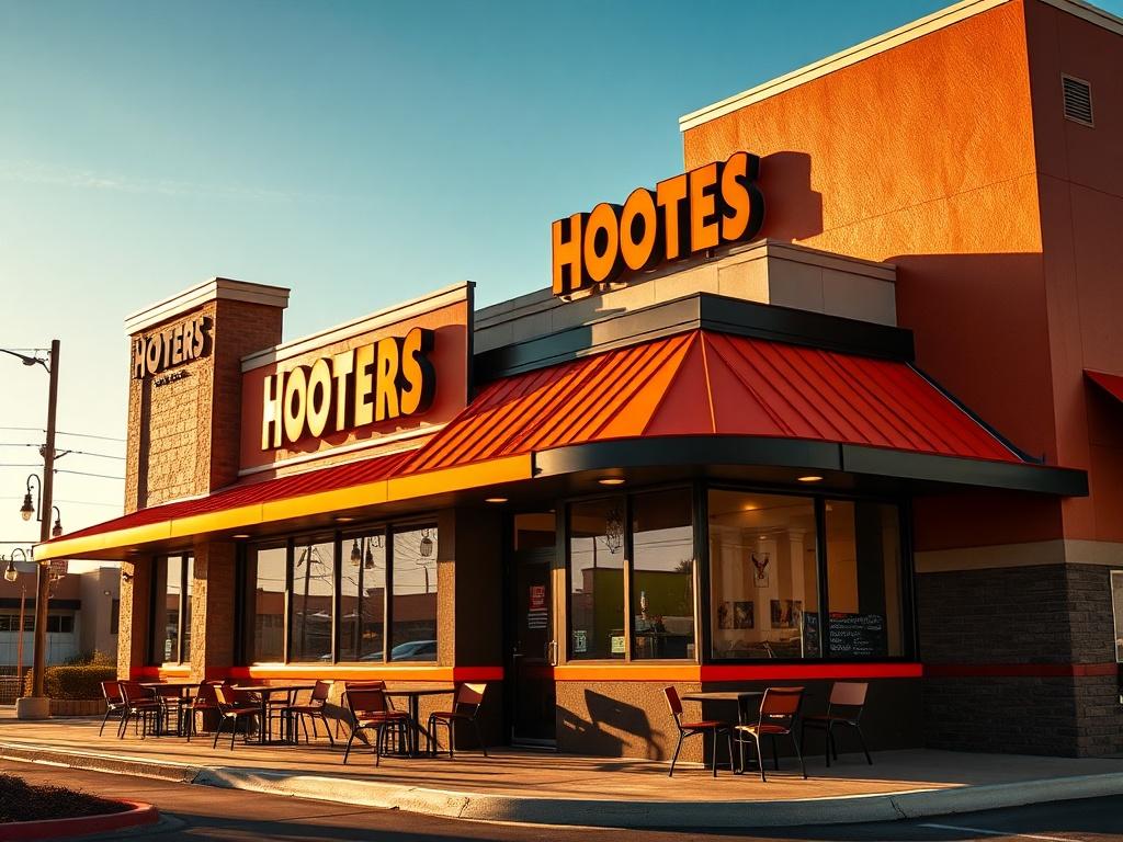 A dynamic exterior shot of a Hooters restaurant, highlighting the vibrant facade with eye-catching colors, large windows, and an inviting outdoor seating area, under warm afternoon lighting.