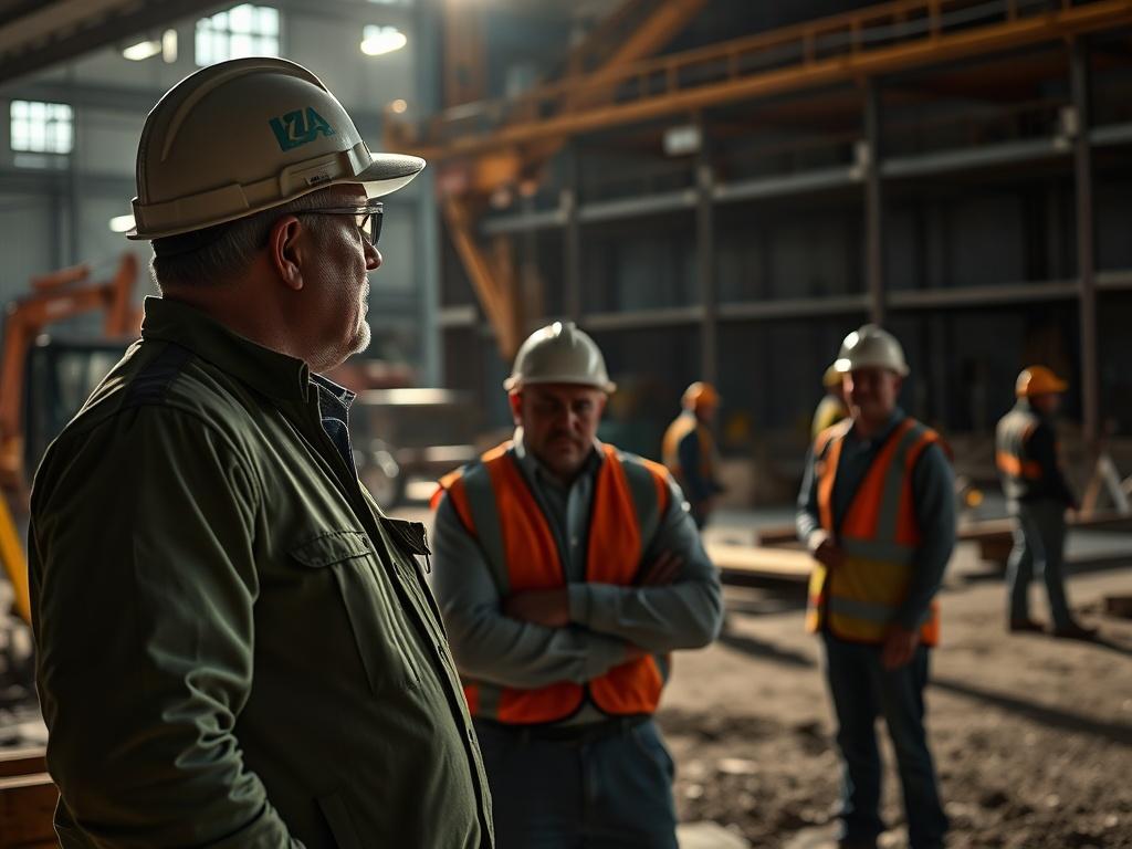 A dynamic scene depicting a construction project manager overseeing a site, engaged in discussions with team members. The background features an active construction site with workers and equipment. The image captures the essence of teamwork and leadership, showcasing a well-organized project environment with strong contrasts and deep shadows.