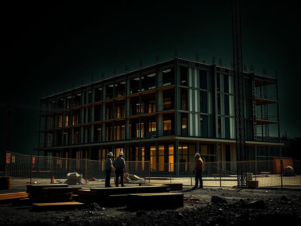A professional construction site showcasing a commercial building in progress, with construction workers actively collaborating. The foreground features construction equipment and materials, while the background displays a partially completed modern commercial structure. High-contrast lighting emphasizes the bold lines and textures of the building materials, creating a striking visual effect.