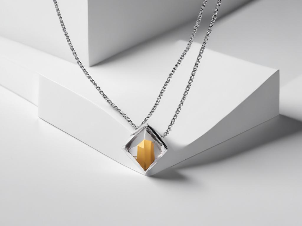 A photorealistic image of a single chic minimalist necklace displayed