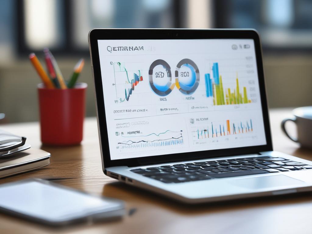 A hyper-realistic close-up shot of a digital marketing dashboard on a sleek laptop, showcasing graphs, lead generation metrics, and automated email features. The background is softly blurred to emphasize the high-detail screen, with a vibrant green accent (rgb(50, 170, 39)) illuminating the workspace, creating a modern and professional atmosphere.