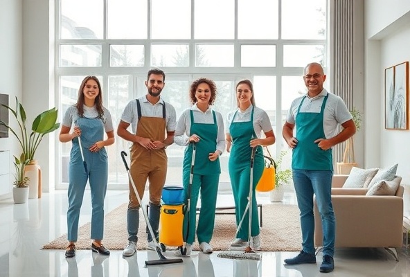 Professional cleaners in a bright modern home