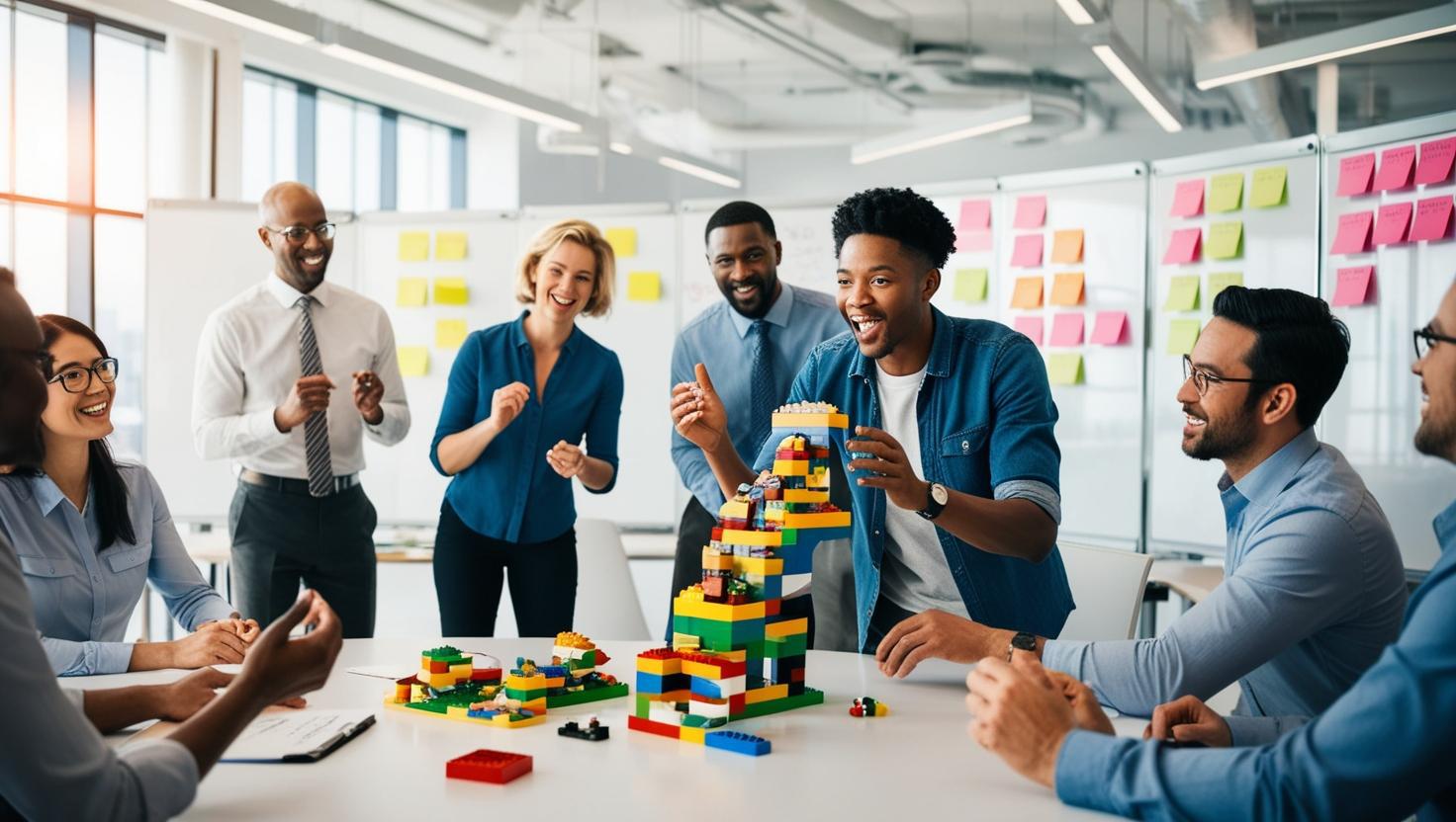 one person in a group describing to the rest of the group what they have built with their small play bricks. in the background are whiteboards and sticky notes on a wall in a corporate workshop room (1).jpg