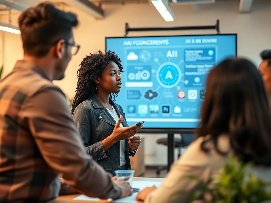 A close-up shot of a diverse group of professionals engaged in a collaborative learning session about artificial intelligence. The setting is a modern office with a bright, open atmosphere. The main focus is on a black woman presenting AI concepts using visual aids on a digital screen. The background features modern office furniture and a few plants, creating an inviting and educational environment. The lighting is warm and inviting, highlighting the expressions of curiosity and engagement on the participan