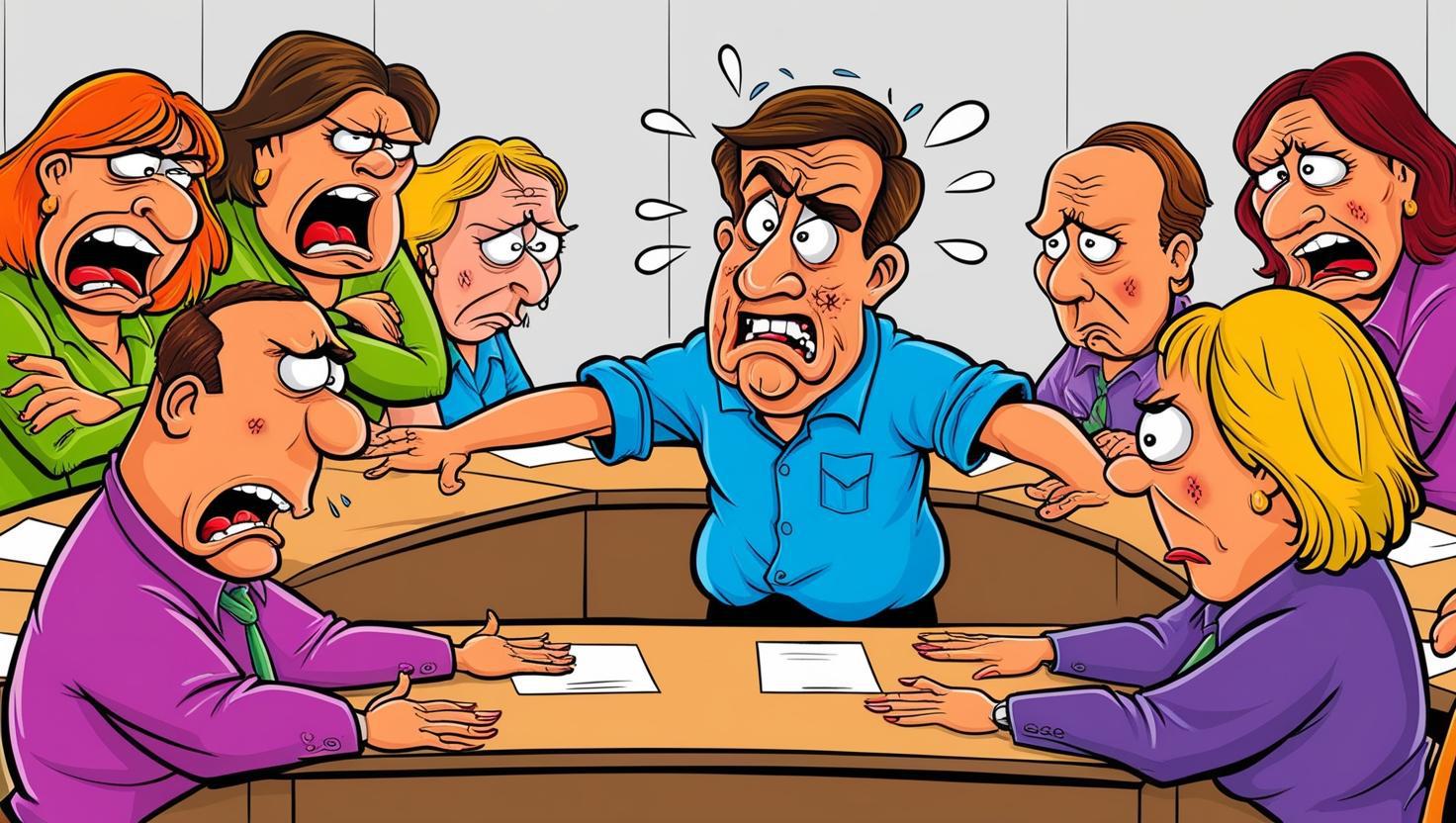 a cartoon image of a workshop where half the room is being hostile to the other half of the room, and the facilitator is looking very stress and trying to keep the peace.jpg