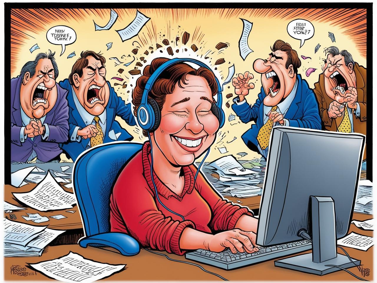 create a humerous cartoon of someone happy working in complete focus on their computer with headphones, whilst there is total chaos and disgruntled colleagues arguing with each other.jpg