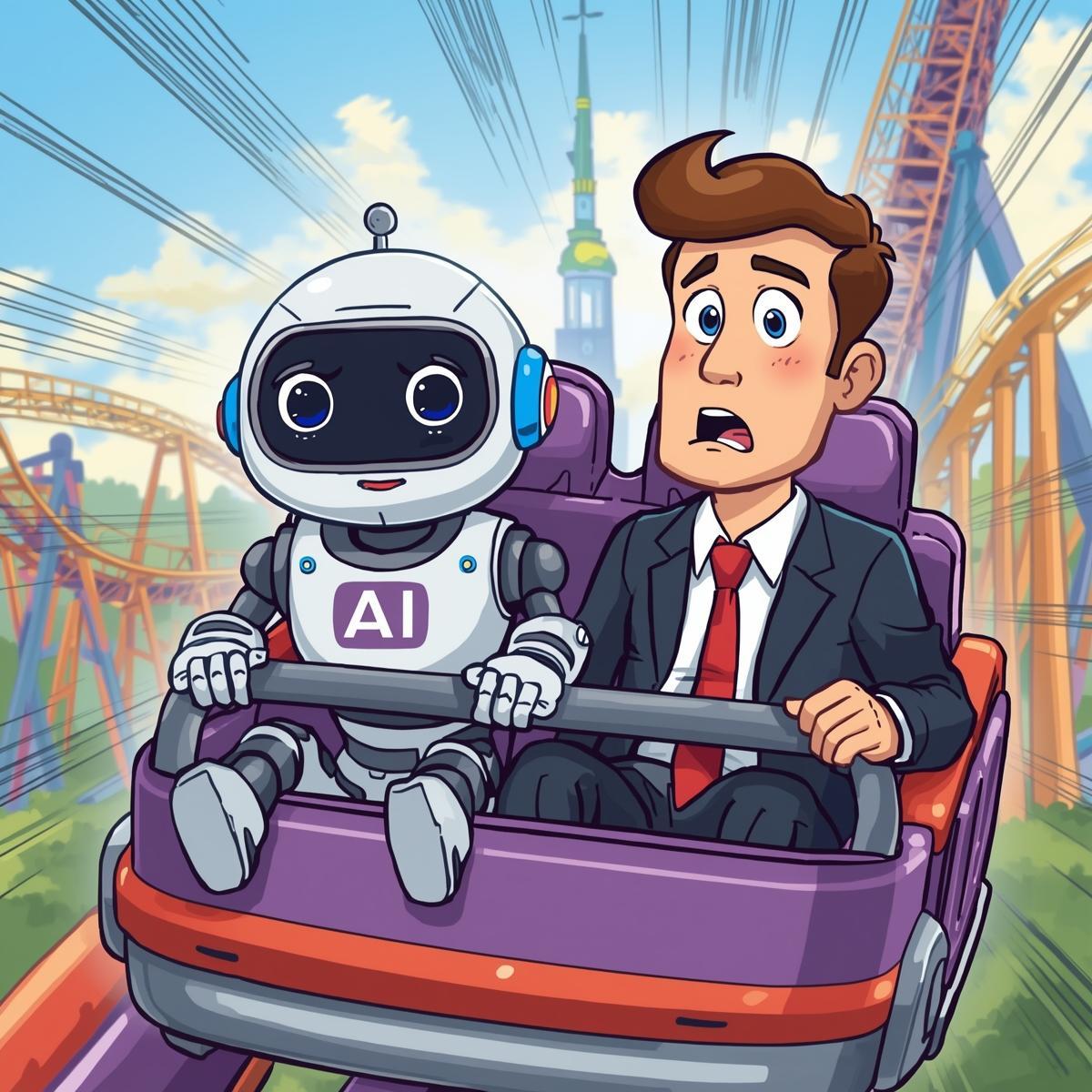 create an cartoon image of a cute robot (with 'ai' clearly on its chest) and a scared business person sitting together riding a rollercoaster.jpg