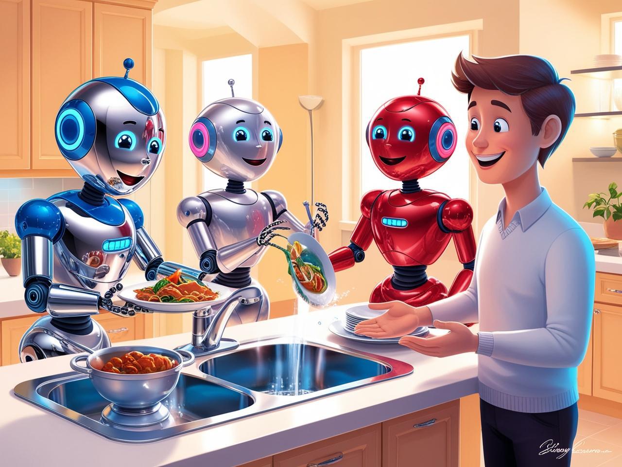 a cartoon of robots working together to help a human make their dinner. one robot is serving the food, another is washign the dishes and another is talking to the human who is about to start eating (1).jpg