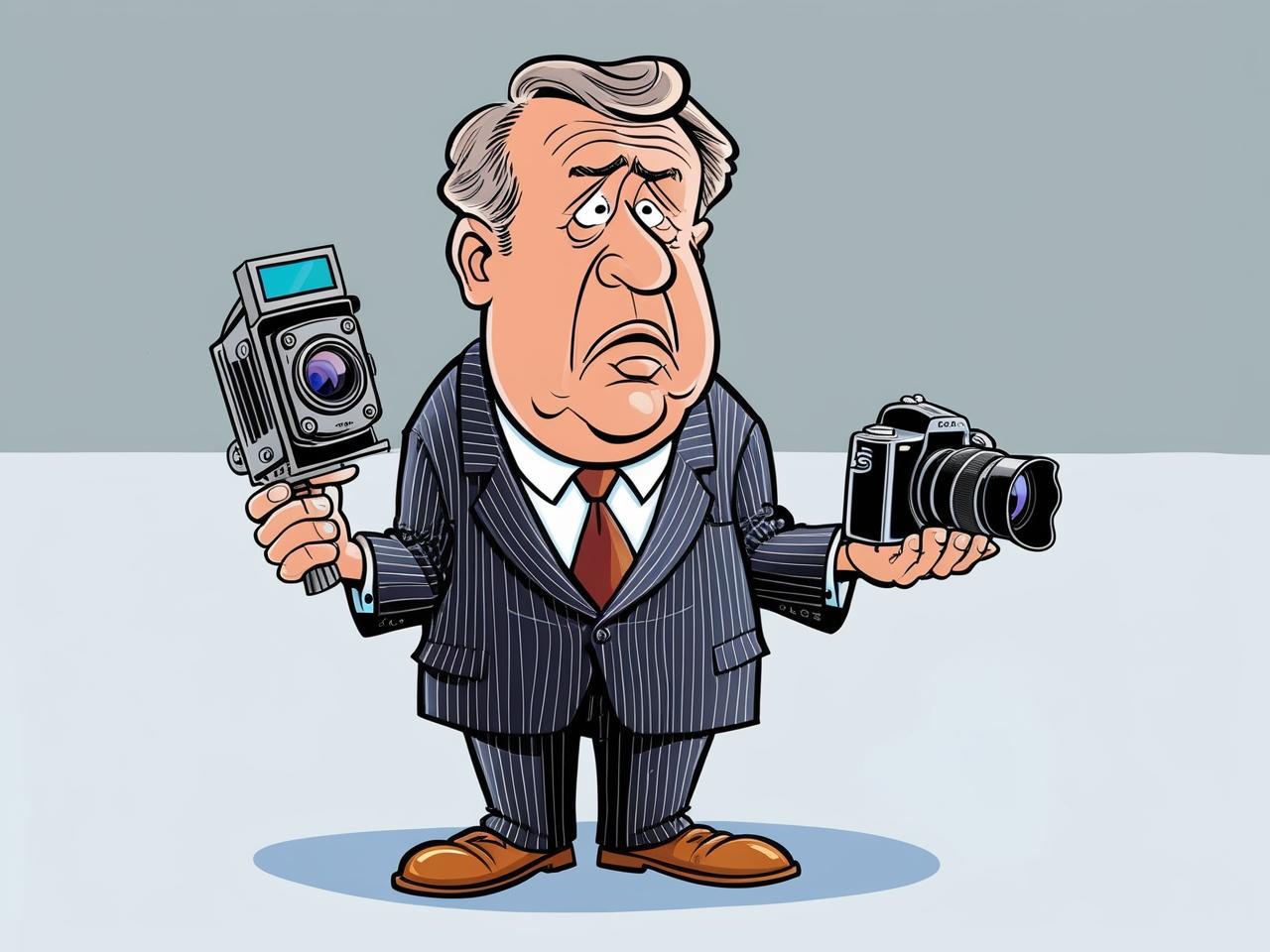 a cartoon of a worried executive wondering whether to choose the 1920s film camera in his right hand, or the new digital camera in his left hand.jpg