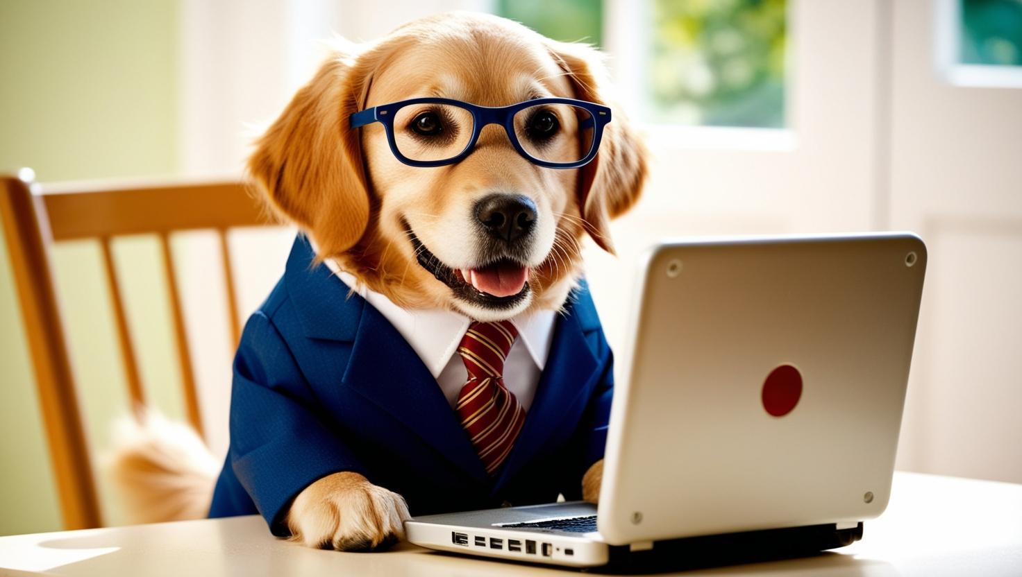 a cute dog dressed like a business person with glasses using a computer.jpg