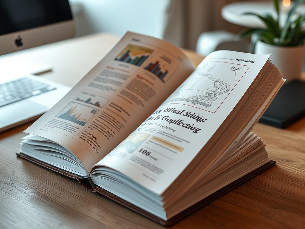A close-up shot of an open guidebook on a stylish desk, with visually appealing diagrams and illustrations displayed on the pages. The background should feature a modern workspace with soft lighting, emphasizing the theme of knowledge and discovery.