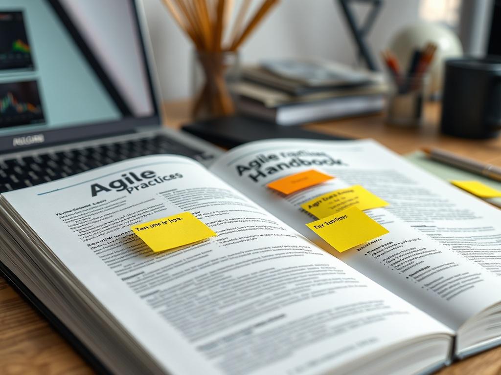 A close-up shot of the Agile Practices Handbook laid open on a desk, with highlighted sections and sticky notes. The background should include a blurred laptop and workspace items, creating a professional and organized atmosphere.