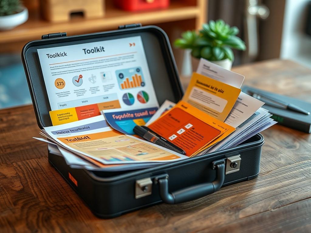 A close-up shot of an open toolkit on a wooden table, showcasing colorful interactive guides and digital resources. The background should be softly blurred, creating focus on the toolkit's contents. The overall image should convey a sense of empowerment and knowledge.