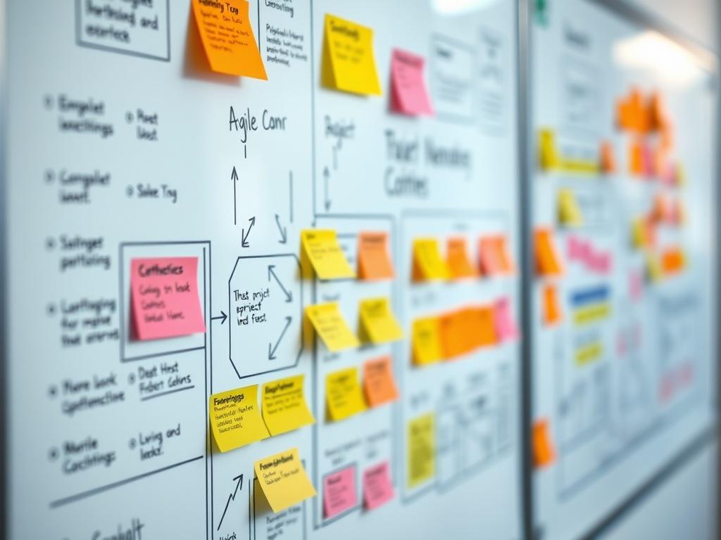 A close-up shot of a whiteboard filled with colorful diagrams and workflow charts. The whiteboard should be the main focus, showcasing various stages of a project management process, including sticky notes, flow arrows, and visual representations of Agile methodologies. The background should be softly blurred to emphasize the whiteboard, creating a clean and professional environment. The lighting should be bright and inviting, highlighting the details on the whiteboard.