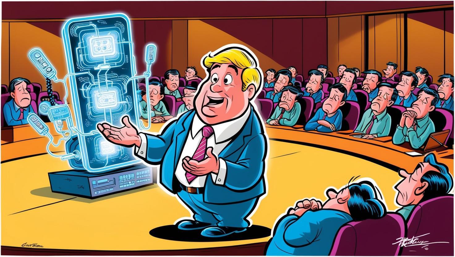 cartoon of a a tech guru with complicated gadgets boring people in a meeting.jpg
