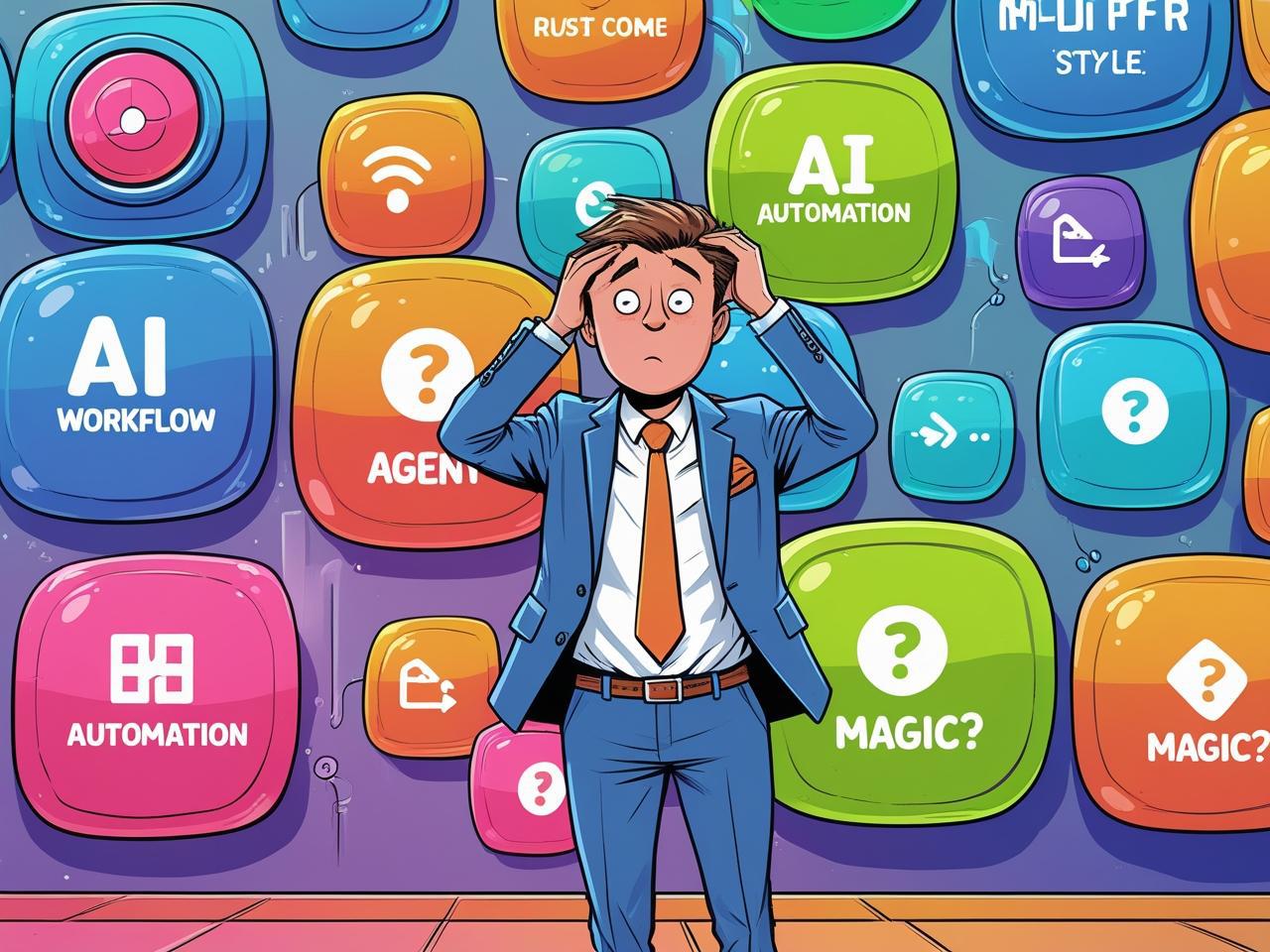 cartoon-style businessperson standing in front of a wall of large, colorful buttons labeled ‘ai workflow’, ‘agent’, ‘automation’, and ‘magic_’. the person looks puzzled or scratching their head. clean, playf.jpg