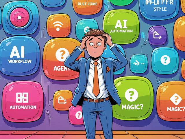 cartoon-style businessperson standing in front of a wall of large, colorful buttons labeled ‘ai workflow’, ‘agent’, ‘automation’, and ‘magic_’. the person looks puzzled or scratching their head. clean, playf.jpg