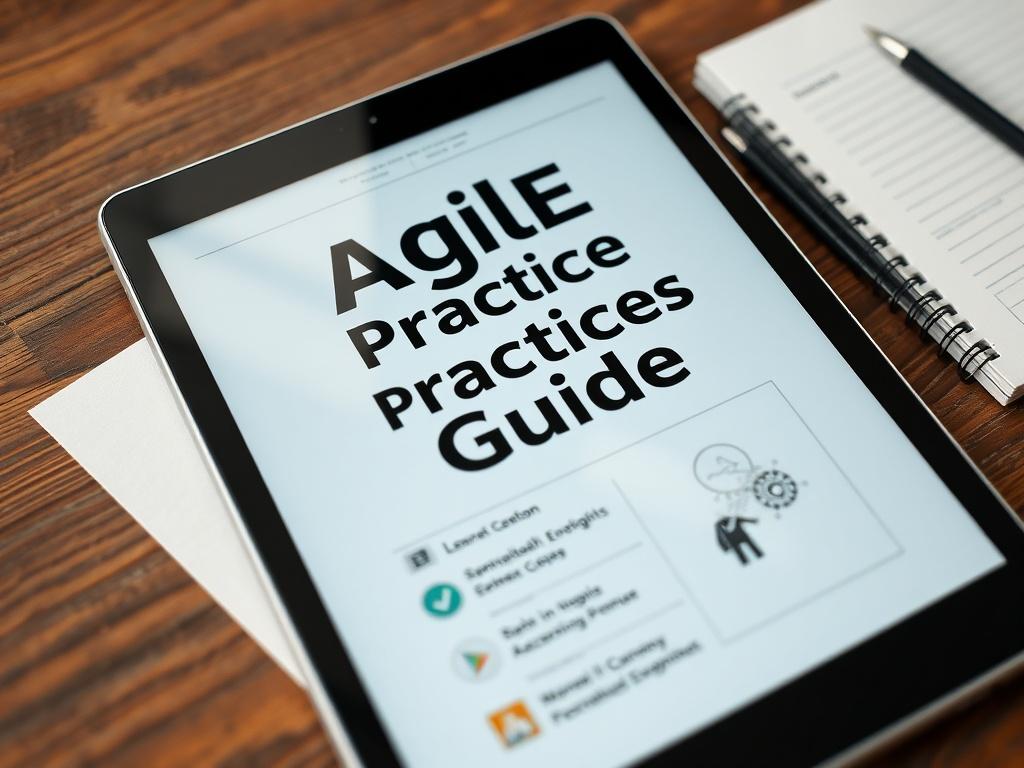 A hyper-realistic close-up shot of an Agile Practices Guide displayed on a digital tablet, surrounded by notes and a pen. The setting should be minimalistic, highlighting the tablet's screen with clear and engaging graphics, shot with a 45mm f/1.2 lens.