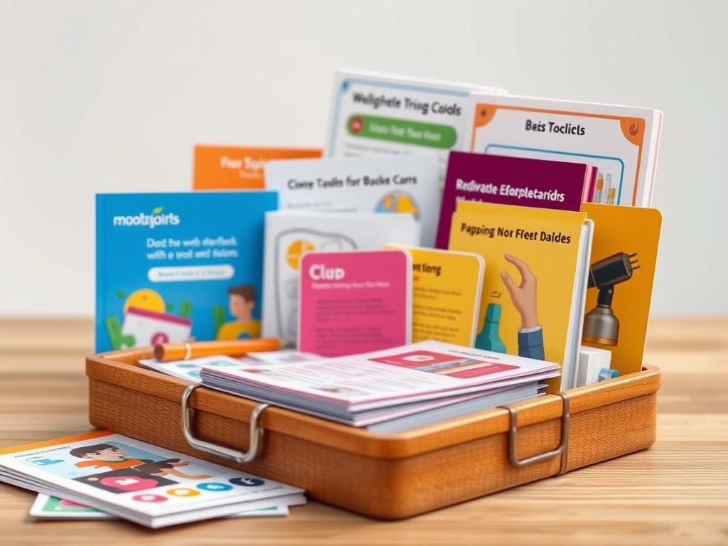 A hyper-realistic close-up shot of a digital toolkit containing various educational materials such as booklets, flashcards, and interactive visuals. The background should be simple and unobtrusive, focusing on the vibrant colors of the materials, shot with a 45mm f/1.2 lens.