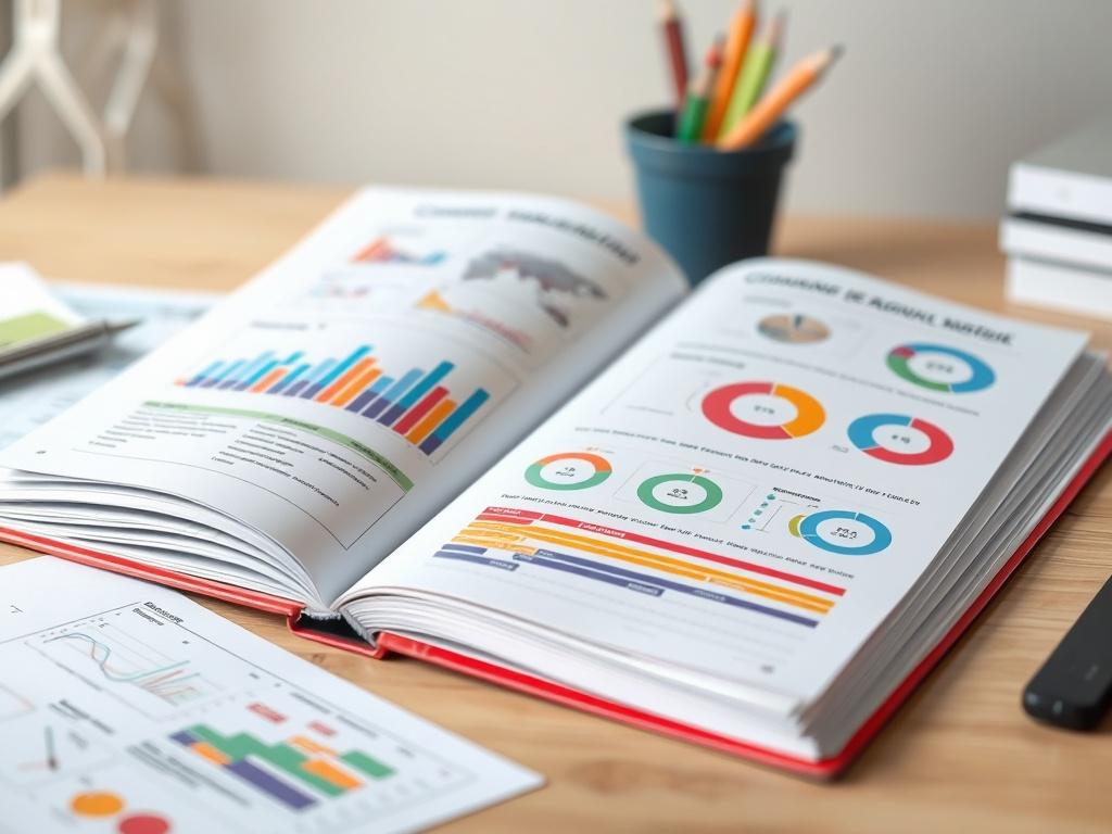A hyper-realistic close-up shot of a Change Management Workbook open on a desk, featuring colorful charts and diagrams. The background should be simple, focusing on the workbook's engaging layout and design, shot with a 45mm f/1.2 lens.