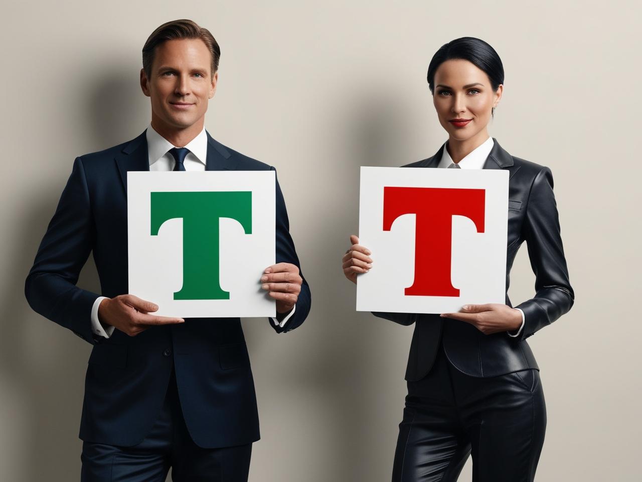 a lifelike image of two caucasian professionals, one male holding a sign with a green letter 't', and the other female holding a sign with a red letter 't' .jpg