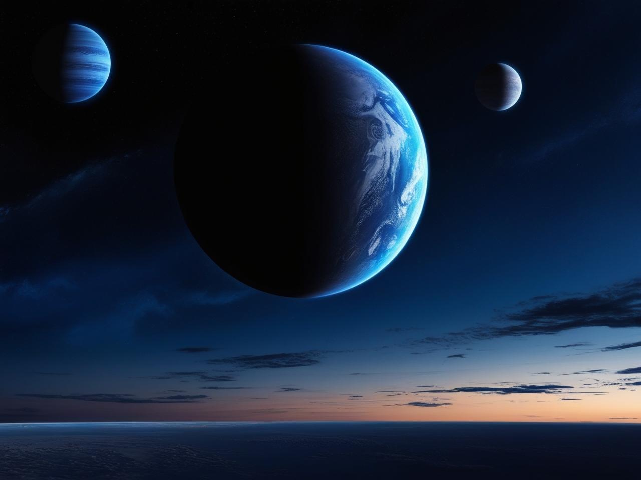 can you create a bold image of a digital horizon with some planets in the sky. make the image more realistic please, and use blue and black as the dominant colours. use a maximum of 3 planets, with one being very l.jpg