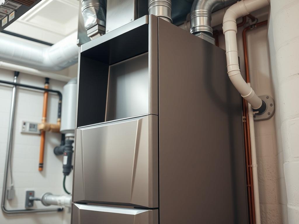 A close-up shot of a modern furnace installed in a clean residential basement. The furnace is sleek and shiny, showcasing its high-efficiency design. The background features a well-organized space with pipes and ducts neatly arranged, ensuring a clear focus on the furnace itself. The lighting is bright, highlighting the details of the furnace and creating a welcoming atmosphere.