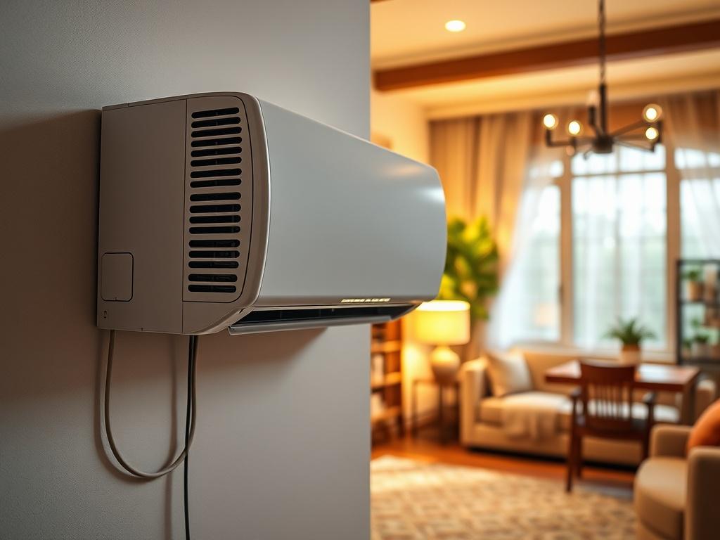 A hyper-realistic close-up shot of a mini split air conditioning unit, showcasing its sleek design and modern features. The unit is mounted on a wall in a residential setting, with soft natural lighting illuminating the environment. The background features a cozy living room with tasteful decor, emphasizing the comfort and convenience that mini splits provide. The shot should focus solely on the mini split unit, capturing its details and quality.
