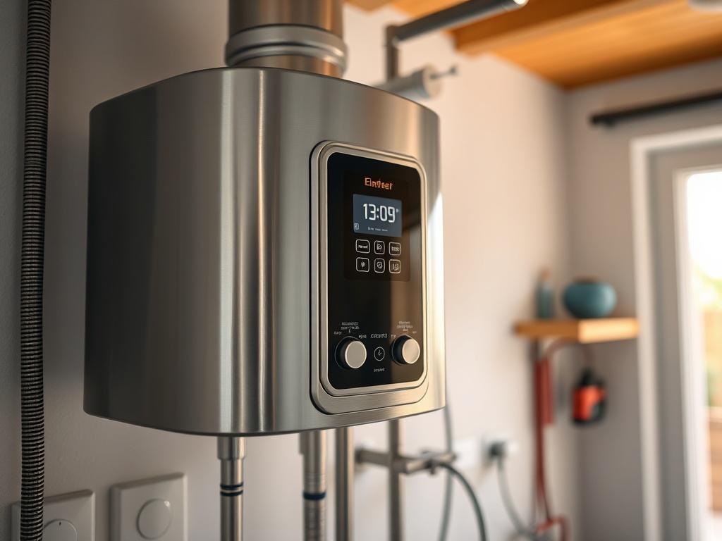 A close-up shot of a modern water heater installed in a residential setting, showcasing its sleek design and functionality. The background should be a clean, well-lit utility room, emphasizing the water heater as the focal point. Use a hyper-realistic style, highlighting the metallic surface and any visible digital controls. The image should convey reliability and efficiency.