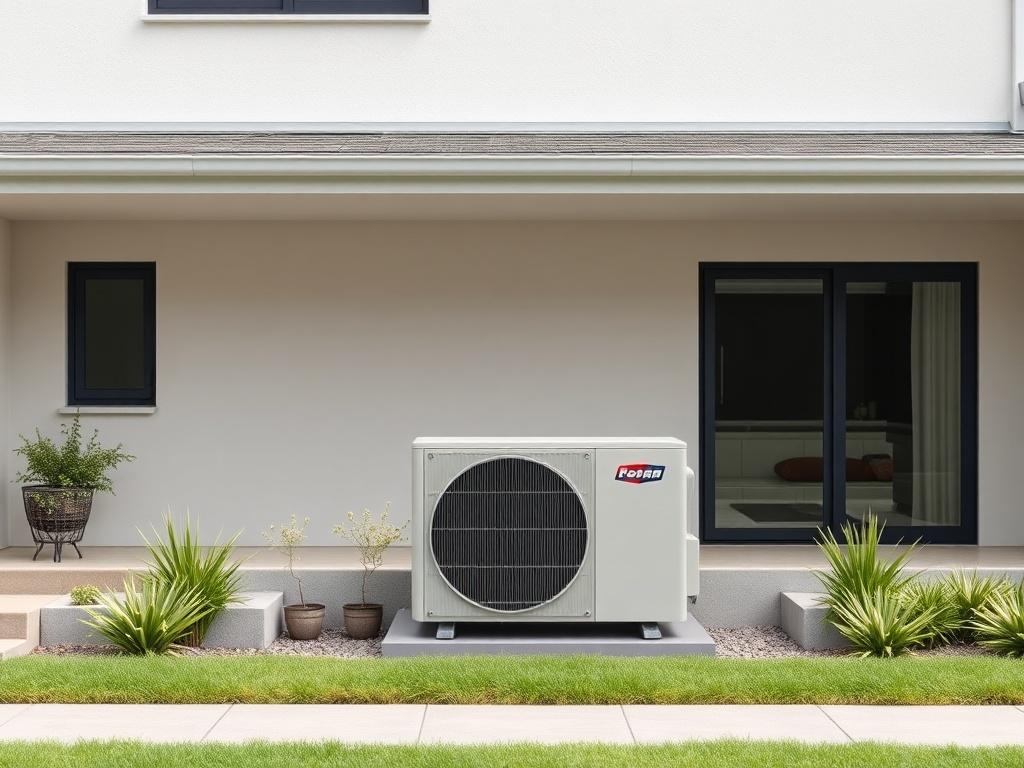 A realistic high-resolution photo of an outdoor condenser unit installed outside a residential house. The image should feature a well-maintained, modern condenser unit set against a backdrop of a neatly landscaped garden with simple colors and clean lines. The house should have a minimalistic design, showcasing subtle architectural details, and the overall composition should focus on the condenser unit as the main subject.