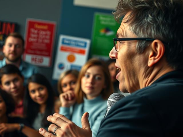 A close-up of a passionate speaker addressing a captivated audience during an awareness campaign. The background should show engaged listeners, with thoughtful expressions, and visual aids like posters or infographics. The image should be hyper-realistic, captured with a 45mm f/1.2 lens to highlight the emotion of the moment.