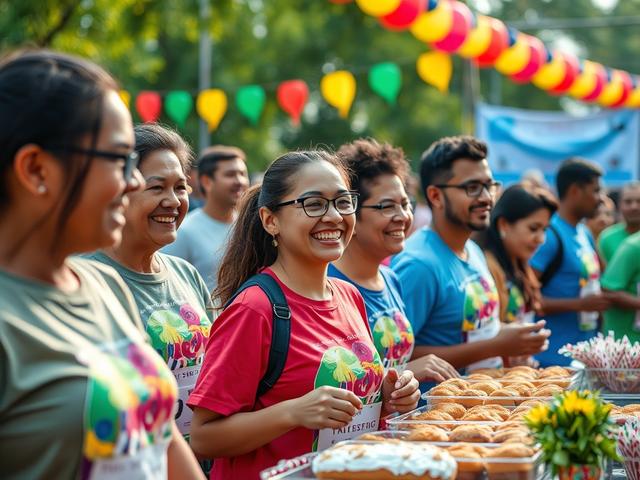 A vibrant scene of a fundraising event, featuring diverse community members engaging in activities like running and baking. The focus should be on enthusiastic participants, with colorful decorations and banners in the background, all captured in hyper-realistic detail with a 45mm f/1.2 lens.