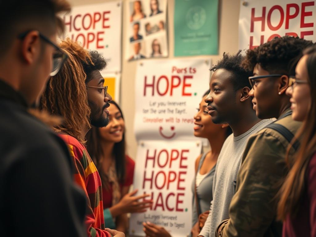 A close-up shot of a group of diverse students engaged in a discussion, surrounded by posters promoting awareness. The atmosphere should be vibrant and energetic, with warm lighting. The primary color rgb(115, 212, 17) should be incorporated into the posters, symbolizing hope and unity in the campaign.