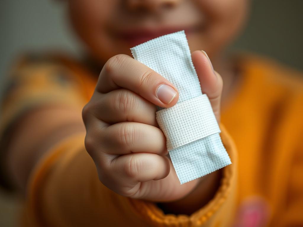 A close-up shot of a child's hand holding a bandage, symbolizing hope and healing. The background should be softly blurred, focusing on the hand. The colors should be warm, highlighting the green from the primary color rgb(115, 212, 17) in the bandage packaging, creating a meaningful representation of care and compassion.