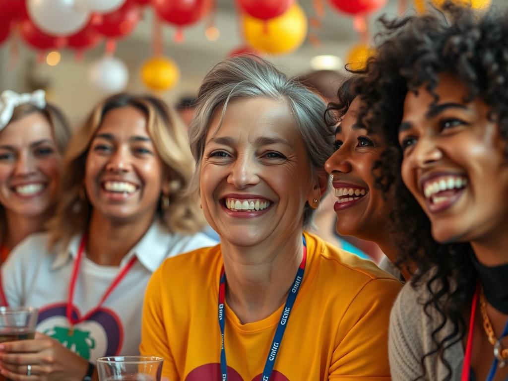 A close-up shot of a joyful group of participants at a fundraising event, smiling and celebrating. The background should capture a festive atmosphere, with decorations reflecting the primary color rgb(115, 212, 17). The focus should be on the participants' expressions of happiness and community spirit.