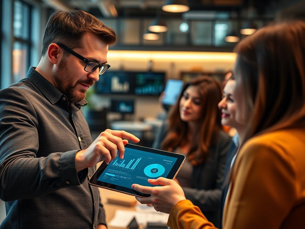 A tech savvy professional demonstrating digital tools on a tablet
