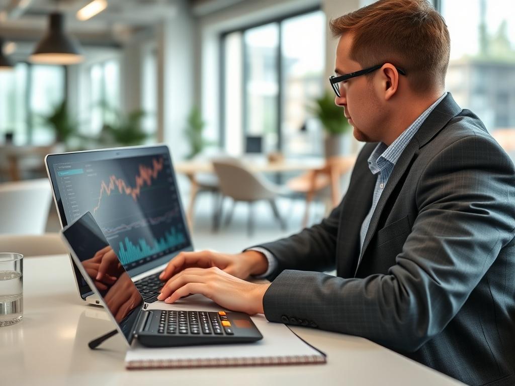 An analyst reviewing financial reports and charts on a laptop