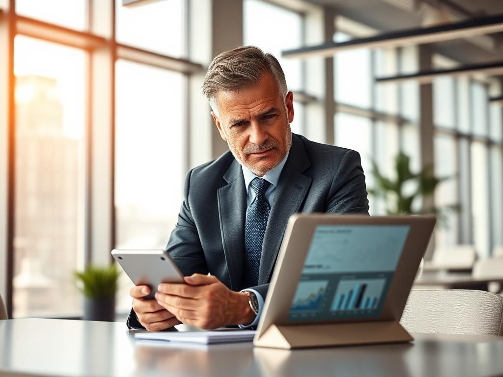 Create a realistic high-resolution photo depicting a confident business professional engaged in a dynamic consultation, focused on a digital tablet or laptop. The subject should be a middle-aged individual dressed in smart business attire, exuding a sense of knowledge and authority. Set the scene in a modern office environment with minimalistic decor, a clean desk in the foreground, and a softly blurred background featuring large windows that allow natural light to pour in, highlighting the importance of co