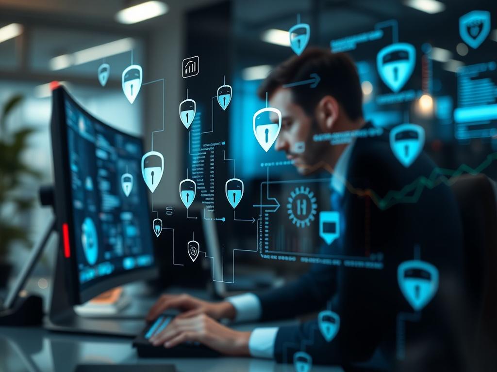 A hyper-realistic close-up shot of a security analyst working on a computer, surrounded by digital security icons and data streams. The setting should be modern and professional, emphasizing a focus on cybersecurity. The background should be slightly blurred to highlight the analyst's concentration on the screen, with the primary color #FF6E4E subtly integrated into the design elements.
