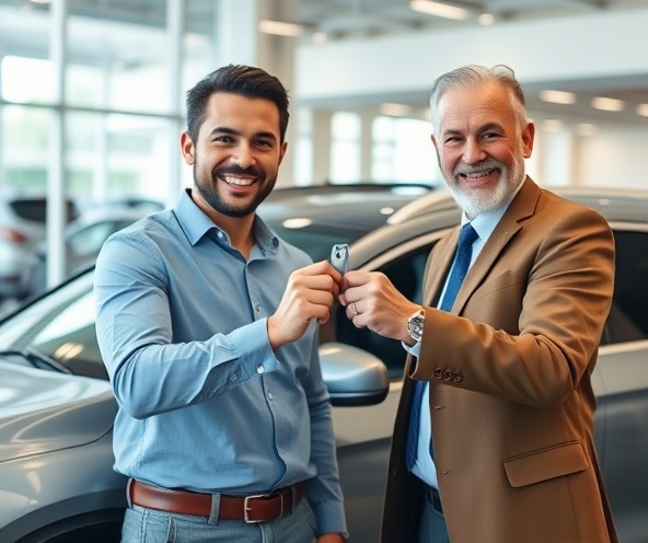 Happy driver receiving car keys from dealership owner