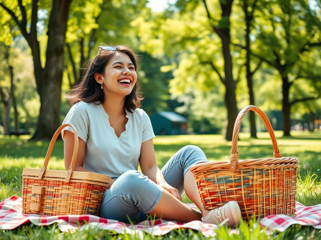 A cheerful woman in casual attire, laughing and enjoying a