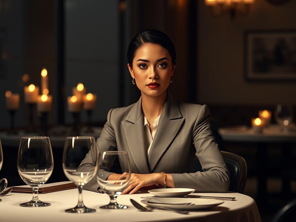 A sophisticated woman in a classy outfit, seated at an